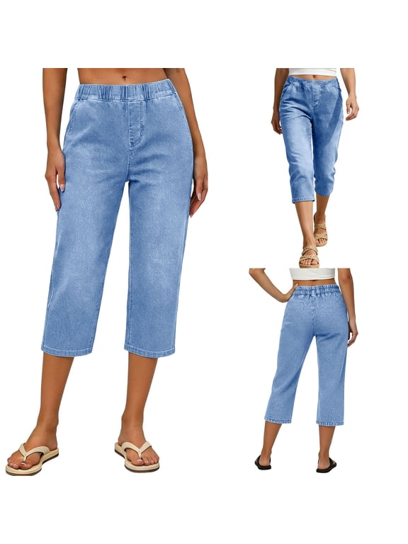 Women’s Pull-On Denim Capris, Stretch Capri Jeans with Elastic Waist, Summer Casual Lightweight Cropped Pants