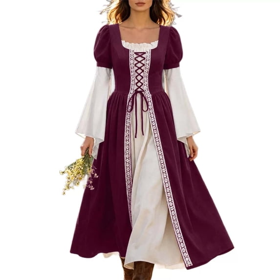 Kilaqueen Women’s Renaissance Color Block Maxi Dress with Lace Up Bodice and Bell Sleeves, Medieval Costume Gown for Festivals and Theme Parties