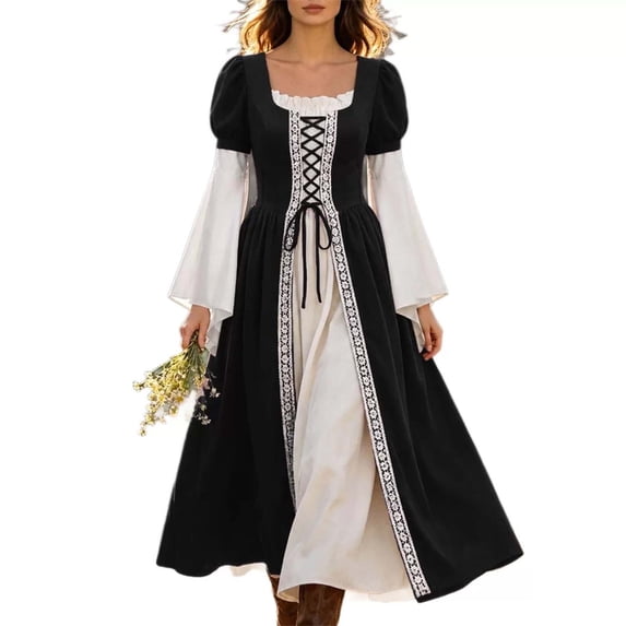 Kilaqueen Women’s Renaissance Color Block Maxi Dress with Lace Up Bodice and Bell Sleeves, Medieval Costume Gown for Festivals and Theme Parties