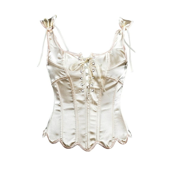 Kilaqueen Women's Renaissance Vintage Corset Bustier Chic Wave Hem Lace Up Tie Front Overbust Bodice Bodyshaper Tops Halloween Costumes