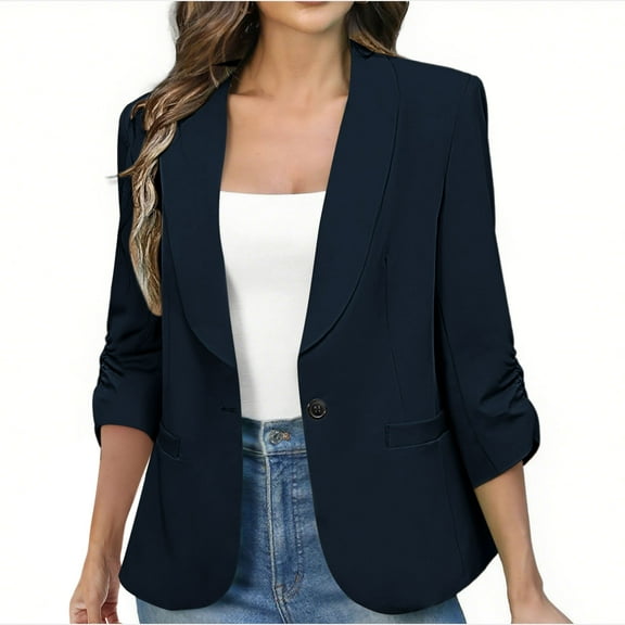 Kilaqueen Women's Ruched 3/4 Sleeve Suit Jackets Lightweight Slim Fit Dressy Casual Blazer Jacket Fully Lined Suit with Pockets, Fall Open Front Office Suits Outerwear for Business Work
