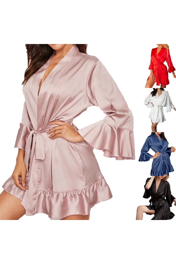 Women's Satin Robe Valentines Lingerie Ruffle Hem Kimono Bathrobe Silk Belted Short Robes Lightweight Sexy Bridesmaids Sleepwear