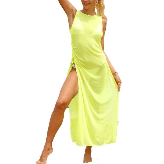 Kilaqueen Women's Sexy Sheer Mesh Long Cover up Dress High Split Drawstring Off Shoulder Bikini Long Dress