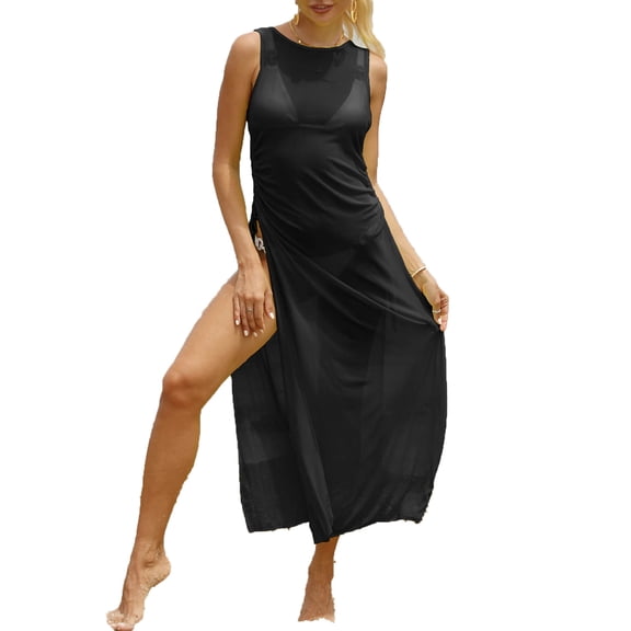 Kilaqueen Women's Sexy Sheer Mesh Long Cover up Dress High Split Drawstring Off Shoulder Bikini Long Dress