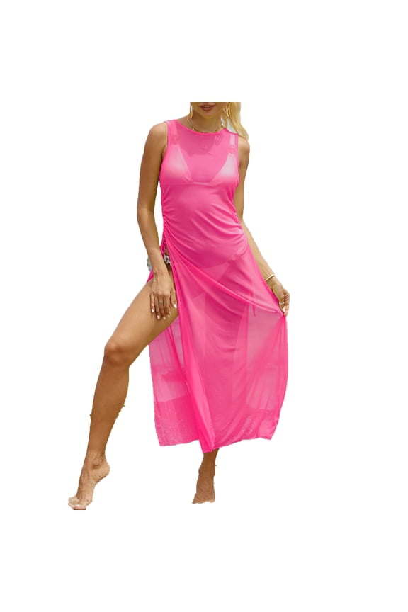 Women's Sexy Sheer Mesh Long Cover up Dress High Split Drawstring Off Shoulder Bikini Long Dress