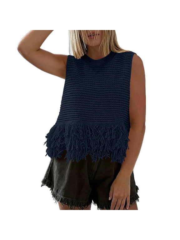 Women's Sleeveless Open Knit Fringe Hem Top, Crew Neck Lightweight Sweater Vest for Beach Cover Up, Vacation, Festival and Summer Wear