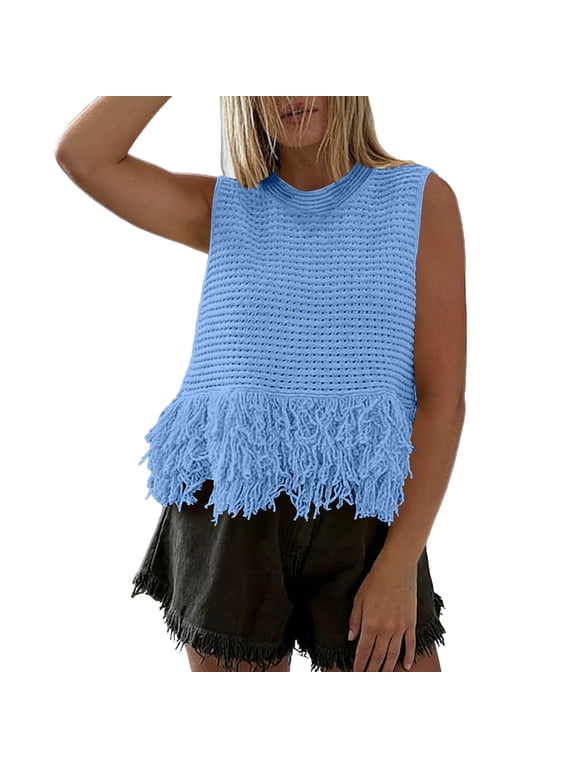 Women's Sleeveless Open Knit Fringe Hem Top, Crew Neck Lightweight Sweater Vest for Beach Cover Up, Vacation, Festival and Summer Wear