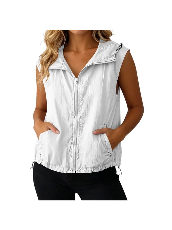 Women's Sleeveless Zip Up Hoodie Vest, Drawstring Hood Lightweight Athletic Jacket with Pockets, Casual Layering Top for Running and Everyday Wear