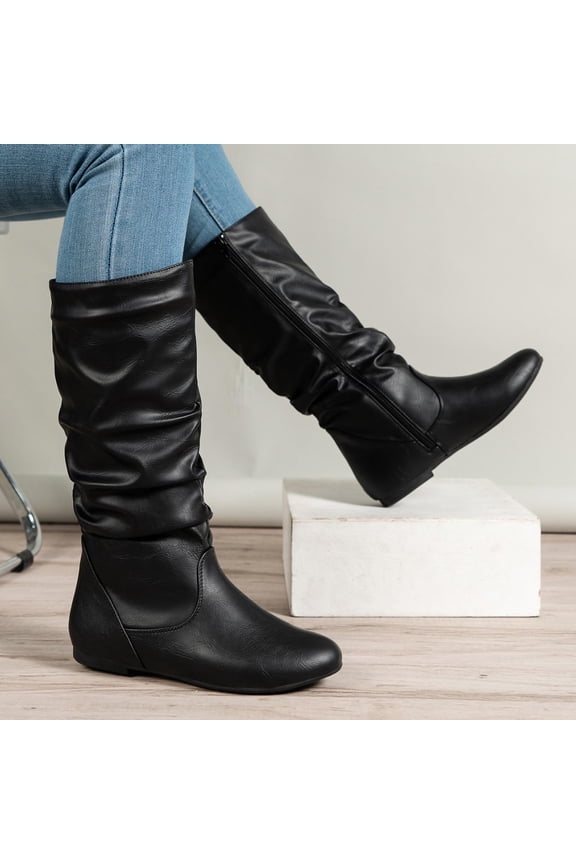 Women's Slouchy Knee High Boots Pull On Flat Boots Side Zipper Fall Boots for Women, Vintage Low Hidden Wedge Mid Calf Boots Ruched PU Leather Booties Long Tall Boots