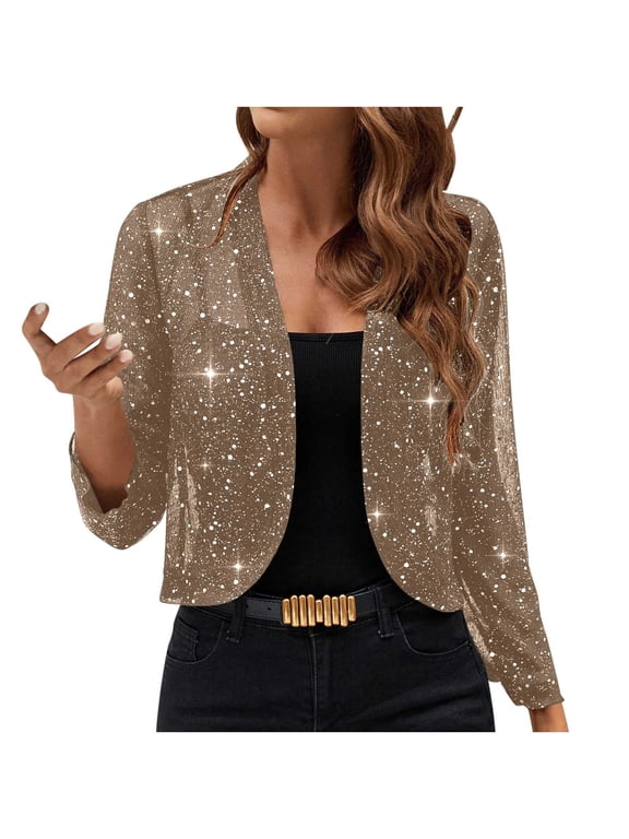 Women's Sparkly Sequin Cardigan Casual Long Sleeve Open Front Glitter Party Blazer Jacket Shiny Cropped Bolero Shrug for Dresses