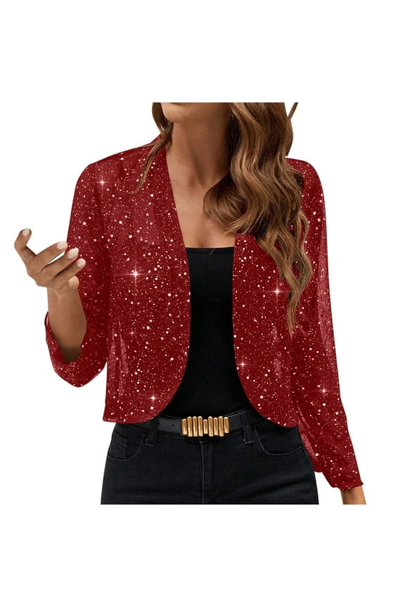 Women's Sparkly Sequin Cardigan Casual Long Sleeve Open Front Glitter Party Blazer Jacket Shiny Cropped Bolero Shrug for Dresses