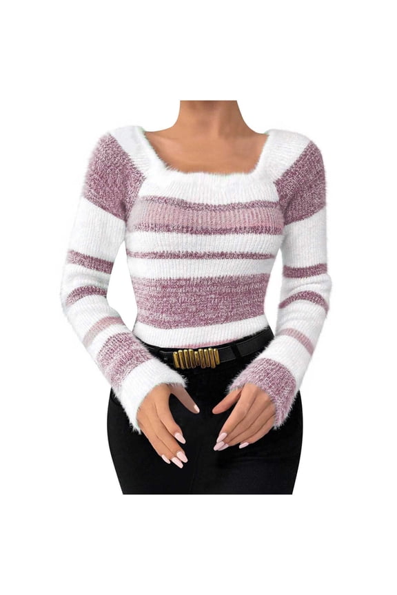 Women's Square Neck Sweater Fall Long Sleeve Color Block Plush Knit Pullover Sweater Striped Slim Fit Going Out Tops