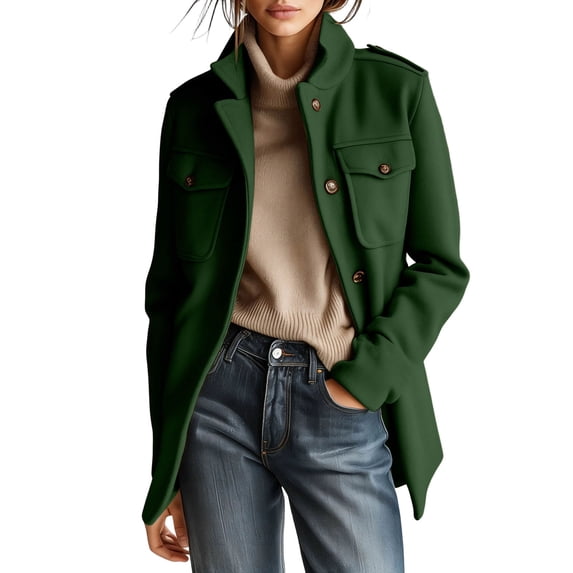 Kilaqueen Women's Stand Collar Short Jacket with Button Front and Flap Chest Pockets, Long Sleeve Layer for Fall, Travel and Daily Wear