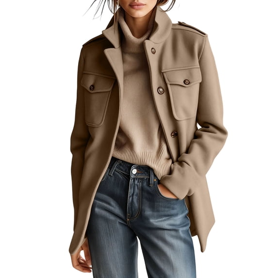 Kilaqueen Women's Stand Collar Short Jacket with Button Front and Flap Chest Pockets, Long Sleeve Layer for Fall, Travel and Daily Wear