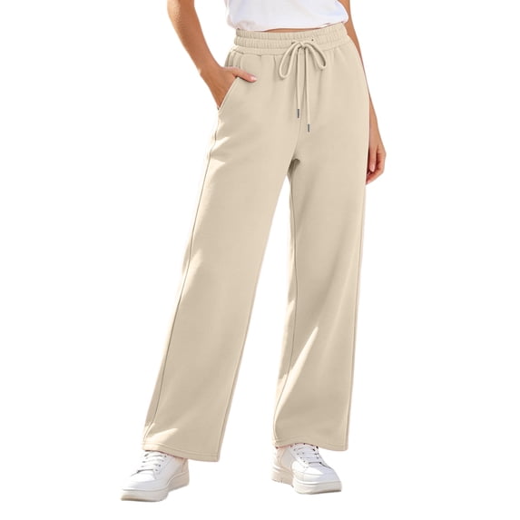 Kilaqueen Women's Straight Leg Sweatpants with Pockets, High Waisted Drawstring Loose Open Bottom Fleece-Lined Lounge Pants for Travel, Walking and Daily Wear
