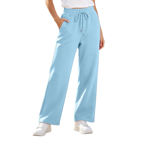Kilaqueen Women's Straight Leg Sweatpants with Pockets, High Waisted Drawstring Loose Open Bottom Fleece-Lined Lounge Pants for Travel, Walking and Daily Wear