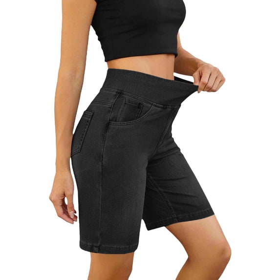 Kilaqueen Women's Stretch Denim Bermuda Shorts with High Elastic Waist, Pull On Knee Length Jean Shorts with Pockets for Casual Everyday Wear