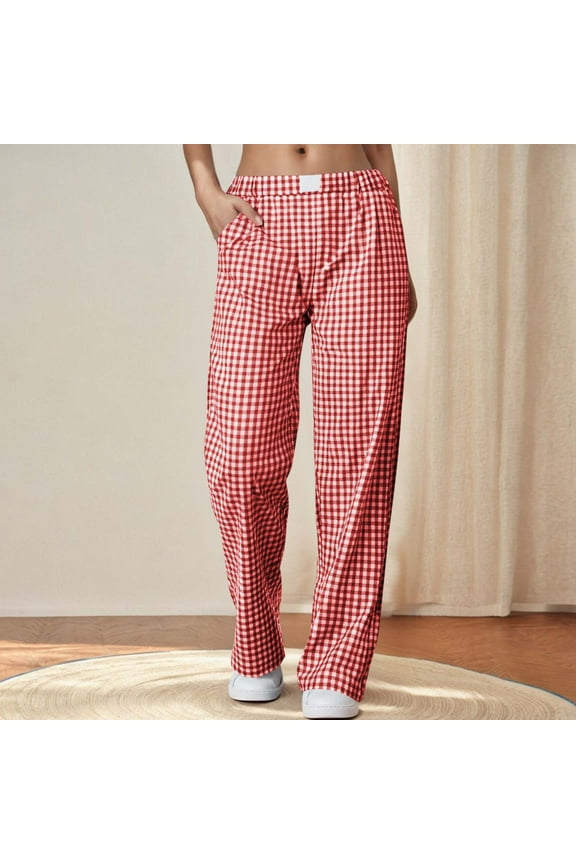 Women's Striped Gingham Boxer Pant Wide Leg Elastic Waist Pajama Lounge Pj Casual Plaid Trousers Y2K Beach Bottoms with Pocket