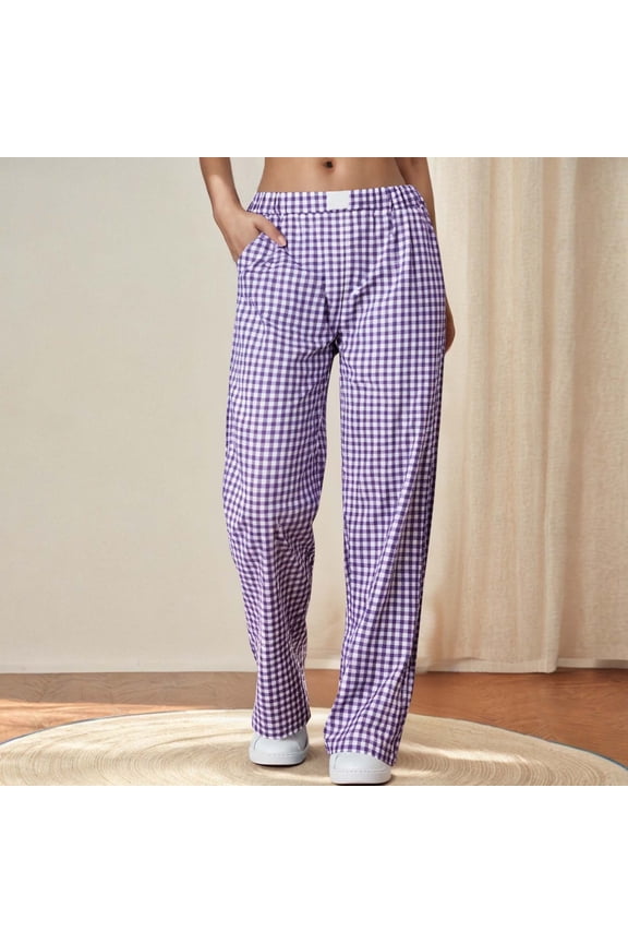 Women's Striped Gingham Boxer Pant Wide Leg Elastic Waist Pajama Lounge Pj Casual Plaid Trousers Y2K Beach Bottoms with Pocket