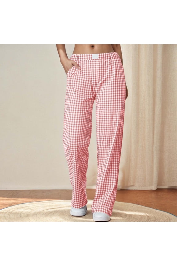 Women's Striped Gingham Boxer Pant Wide Leg Elastic Waist Pajama Lounge Pj Casual Plaid Trousers Y2K Beach Bottoms with Pocket