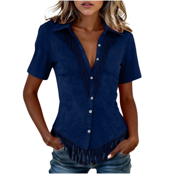 Kilaqueen Women's Suede Western Fringe Short Sleeve Shirt, Lapel Collar ...