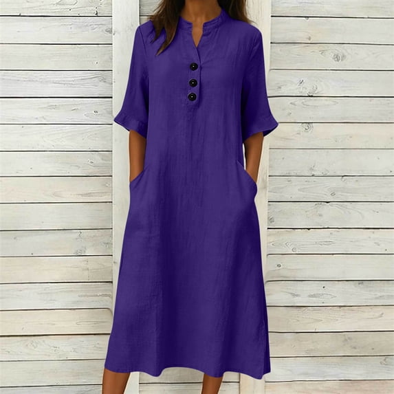 Kilaqueen Women's Summer Maxi Shirt Dress, Cotton Linen Collared Half Sleeve Button Front Loose Dress for Vacation Travel Casual Work and Daily Wear