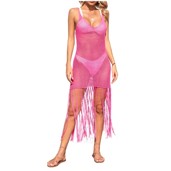 Kilaqueen Women's Swimsuit Crochet Cover Ups Off Shoulder Hollow Out Fringe Trim Crochet Dress Beach Vacation Open Back Tops