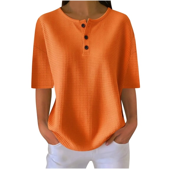 Kilaqueen Women's Tops Button Crew Neck Short Sleeve Waffle Knit Tops Solid Color Casual Loose Fit Basic Tee