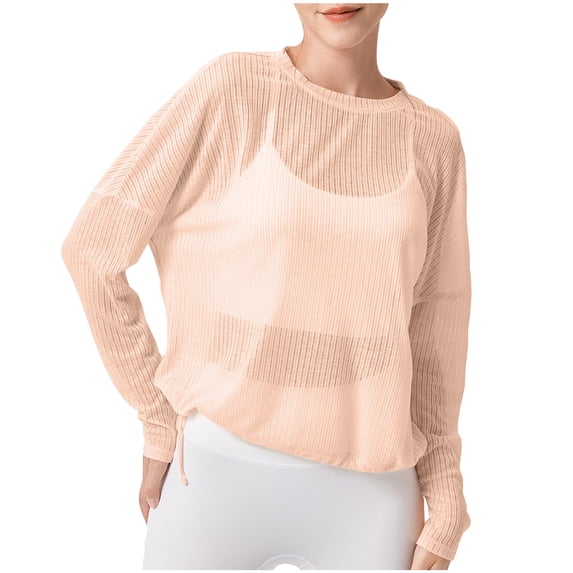 Kilaqueen Women's Tops, Tees & Blouses See Through Crew Neck Long Sleeve Oversized Tunic Tops Lightweight Solid Color Loose Fit Trendy Y2k Beach Coverup