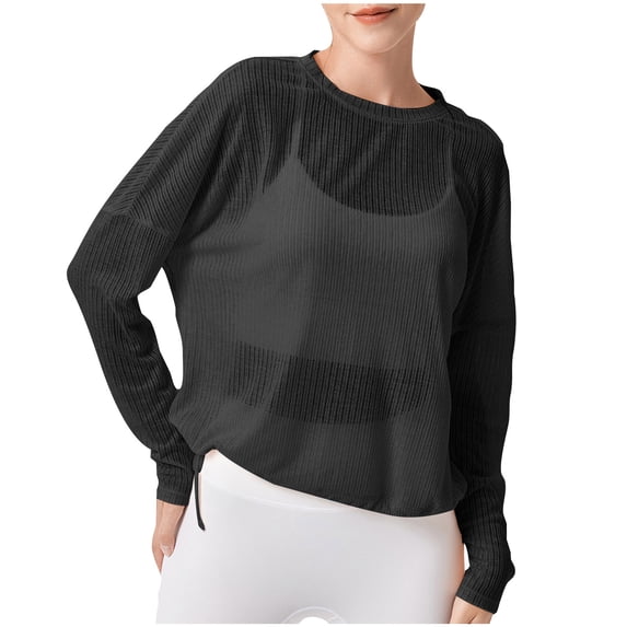 Kilaqueen Women's Tops, Tees & Blouses See Through Crew Neck Long Sleeve Oversized Tunic Tops Lightweight Solid Color Loose Fit Trendy Y2k Beach Coverup