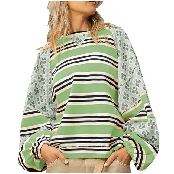 Kilaqueen Women's Tops, Tees & Blouses Striped Patchwork Long Sleeve Crew Neck Pullover Tops Casual Trendy Loose Fit Comfy Shirt