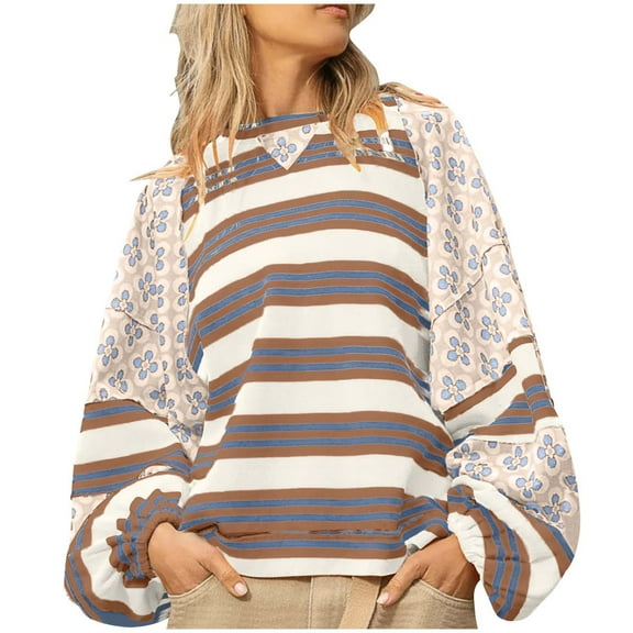 Kilaqueen Women's Tops, Tees & Blouses Striped Patchwork Long Sleeve Crew Neck Pullover Tops Casual Trendy Loose Fit Comfy Shirt