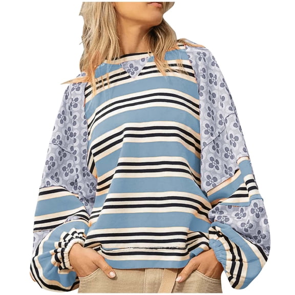 Kilaqueen Women's Tops, Tees & Blouses Striped Patchwork Long Sleeve Crew Neck Pullover Tops Casual Trendy Loose Fit Comfy Shirt