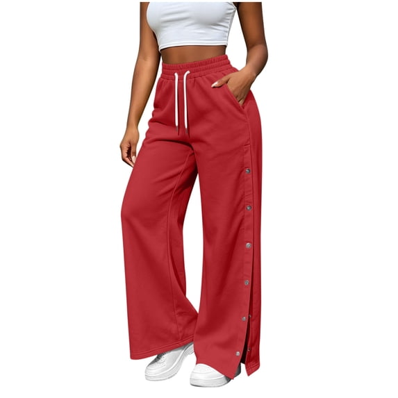 Kilaqueen Women's Wide Leg Sweatpants with Side Snap Buttons, High Waisted Elastic Lounge Pants with Pockets for Casual Travel and Streetwear
