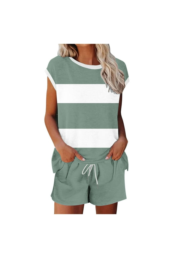Womens 2 Piece Short Sets Color Block Crew Neck Tracksuit Short Sleeve Tops and Drawstring Shorts Loungewear with Pockets
