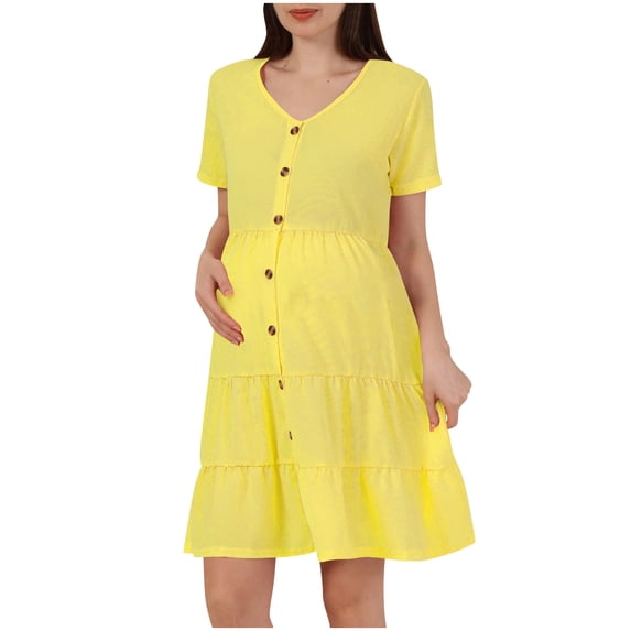 Kilaqueen Womens 2025 Summer Maternity Dress V Neck Short Sleeve Button Down Tiered Pleated Mini Pregnancy Dresses Solid Color Casual Comfy Dresses