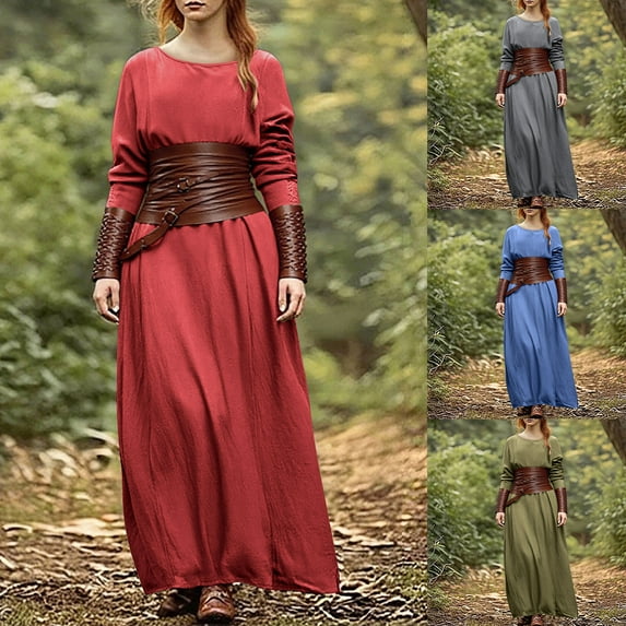Kilaqueen Womens Baggy Medieval Victorian Maxi Dress Renaissance Costume Long Sleeve Dress Vintage Casual Crew Neck Solid Color Plus Size Dresses