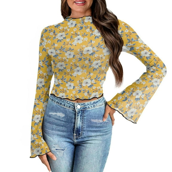 Kilaqueen Womens Bell Sleeve Top 70s Floral Mesh Top Flounce Long Sleeve Crop Tee Top Mock Neck Lettuce Trim Sheer Tops