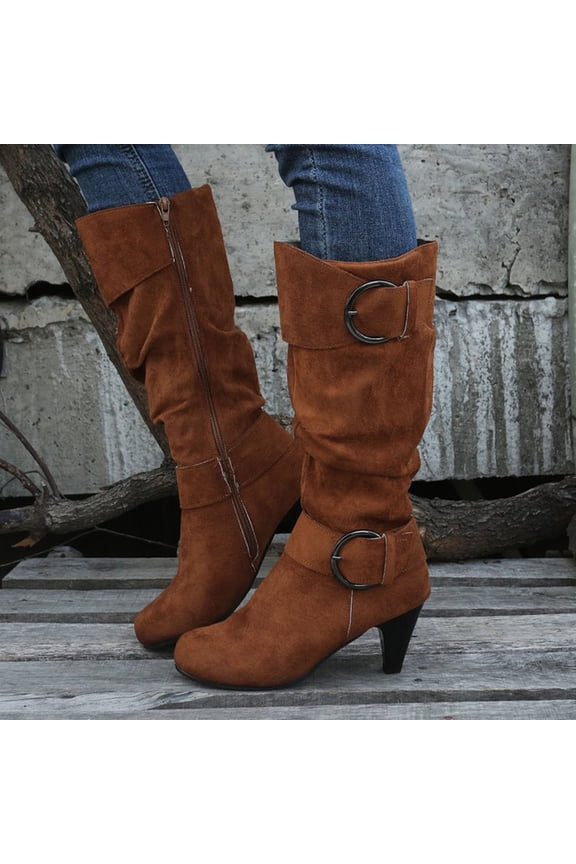 Womens Boots Fashion Faux Suede Buckle Strap Side Zipper Warm Winter Boot Mid High Calf Crew Toe Cat Heels Slouchy Boots Daily Working Wear
