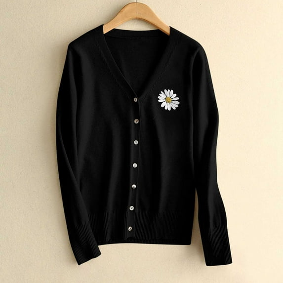 Kilaqueen Womens Button Down Cardigan Sweaters Sunflower Print Lightweight Long Sleeve Casual V Neck Open Front Soft Knit Sweater Cardigans Tops Fall Clothes