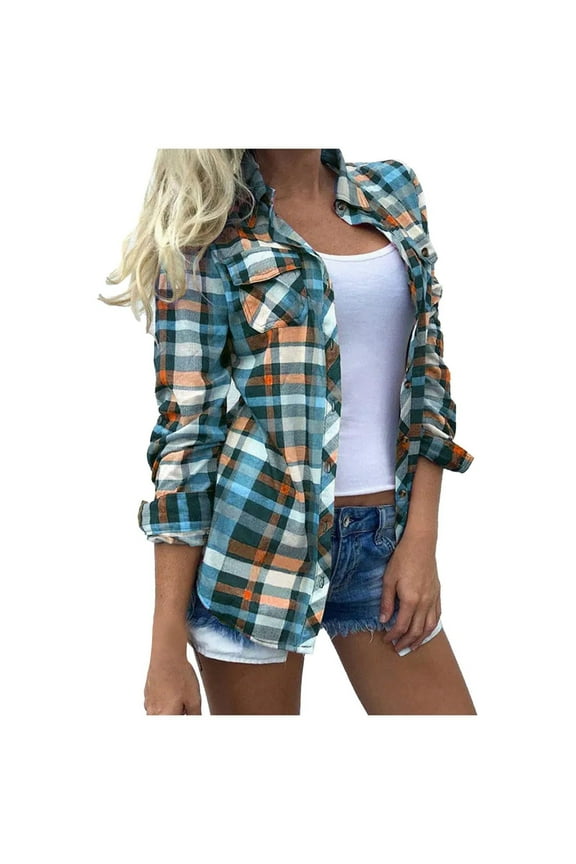 Womens Button Down Flannel Shirts Long Sleeve Plaid Shackets Business Collar Button Down Blouses Casual Lightweight Fall Blouses