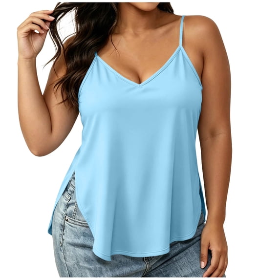 Kilaqueen Womens Camis Adjustable Spaghetti Straps Silk Satin Tank Tops V Neck Sleeveless Plus Size Camisole Shirts Side Split Summer Basic Tee