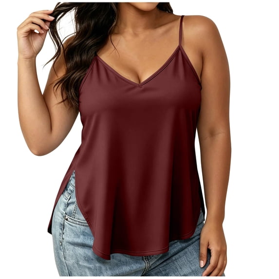 Kilaqueen Womens Camis Adjustable Spaghetti Straps Silk Satin Tank Tops V Neck Sleeveless Plus Size Camisole Shirts Side Split Summer Basic Tee