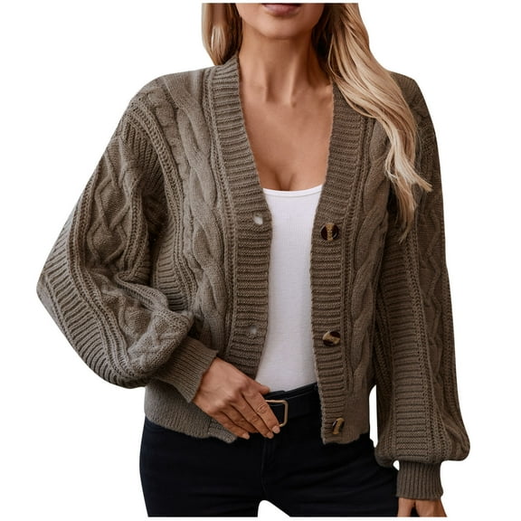 Kilaqueen Womens Cardigan Sweaters Long Sleeve Button-Up Ribbed Knit Cropped Cardigan Solid Color Casual Outwear Coat