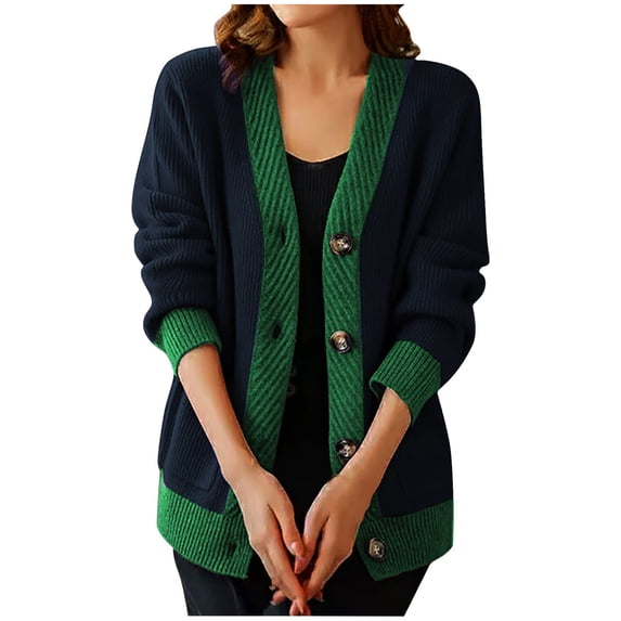 Kilaqueen Womens Cardigan Sweaters V Neck Button Down Open Front Long Sleeve Knit Cardigan Casual Color Block Lightweight Sweaters Coats