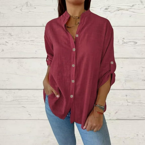 Kilaqueen Womens Casual Button Down Shirts V Neck Long Sleeve Loose Fit Plain Work Blouse Tops Trendy Lightweight Dressy Tops