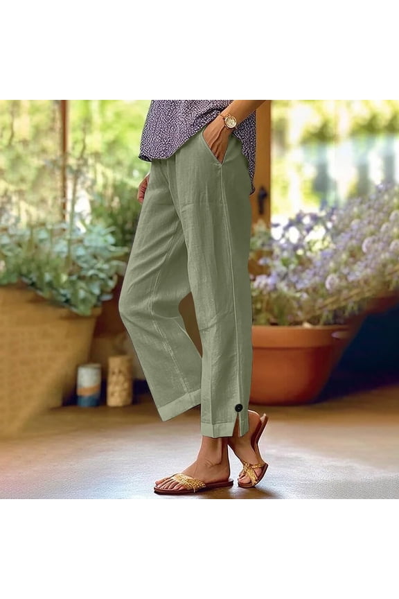 Womens Cotton Linen Cropped Pants Summer Gauze Drawstring High Waisted Straight Leg Lounge Trousers Beach Vacation Clothes