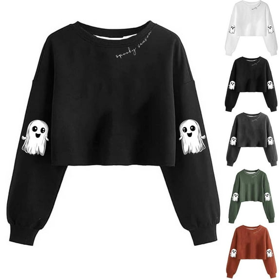Kilaqueen Womens Cropped Sweatshirt Fall Halloween Lantern Long Sleeve Retro Ghost Skull Funny Graphic Crewneck Pullover Tops Spooky Season Sweatshirt