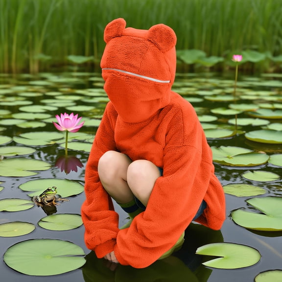 Kilaqueen Womens Cute Frog Hoodies Fuzzy Frog Zipper Mouth Cosplay Costume Pullover Sweatshirt with Pocket, Casual Loose Fit Winter Warm Soft Flannel Hooded Sweatshirts