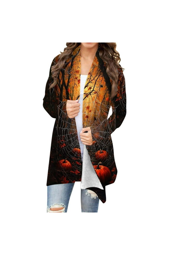 Womens Draped Front Open Cardigan Halloween Bloody Graphic Printed Cardigan Lightweight Long Sleeve Sweaters Duster Spooky Season Jacket Clothes